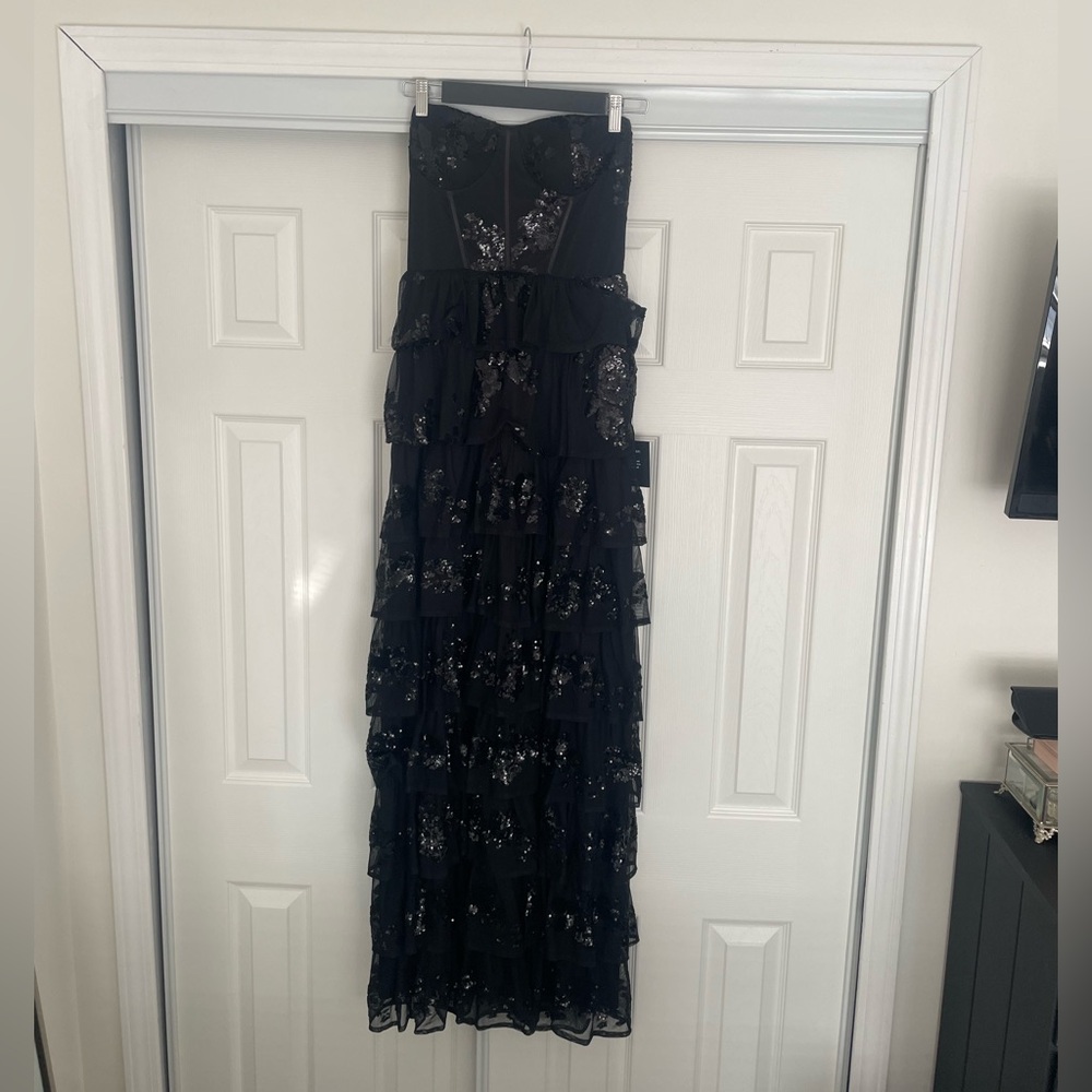 Lulu Black Sequin Strapless Ruffle Dress